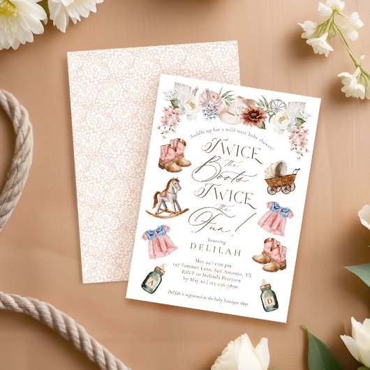 2回のブーツ双子の女の子西ベビーシャワー 招待状