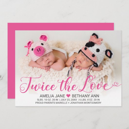 2回のラブツイン女の子ピンクのスクリプトフォト誕生 案内状 (正面/裏面)