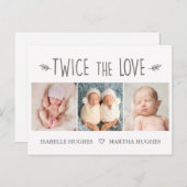 2回の愛、双子のベビー誕生の発表カード ポストカード (正面/裏面)