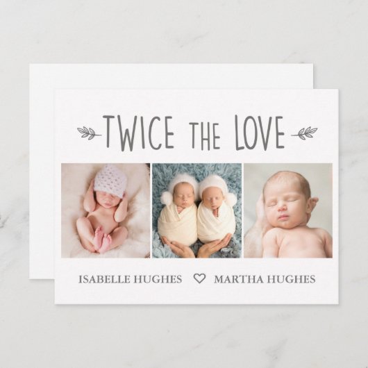 2回の愛、双子のベビー誕生の発表カード ポストカード (正面/裏面)