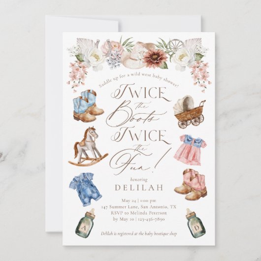2回ツイン女の子の男の子ウェスタン赤ちゃんシャワー 招待状 (正面)