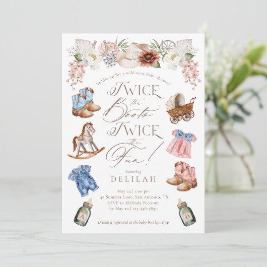 2回ツイン女の子の男の子ウェスタン赤ちゃんシャワー 招待状 (スタンド正面)