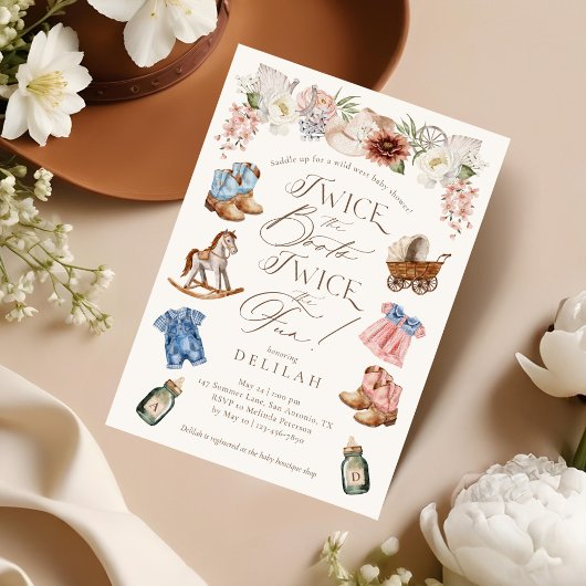 2回ツイン女の子の男の子ウェスタン赤ちゃんシャワー 招待状