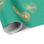 2回パーソナライズされたゴールデンハート、エメラルドグリーン ラッピングペーパー (ロールコーナー)