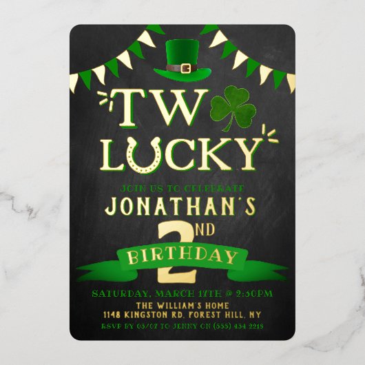 2回ラッキー聖パトリックの日2回目の誕生日実在 箔招待状 (正面)