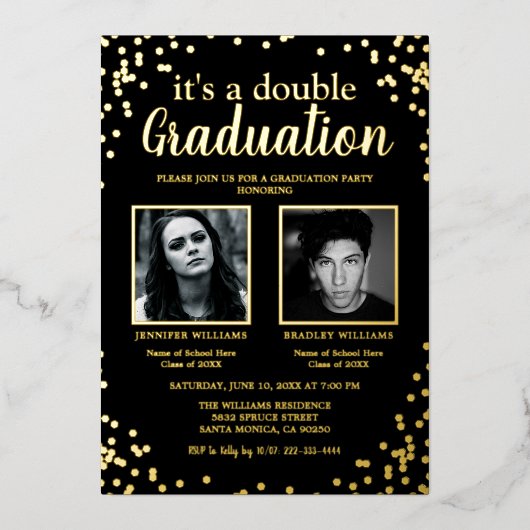 2回卒業2枚の写真 箔招待状 (正面)