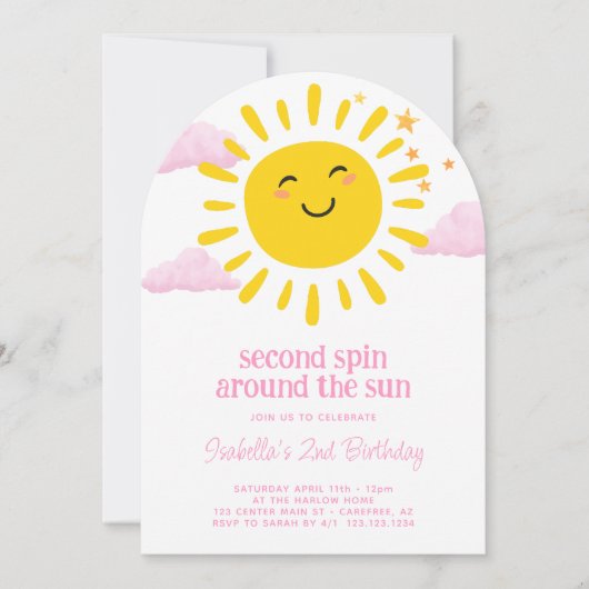 2回目ののまわりにスピンザサンピンク2回目の誕生日 招待状 (正面)