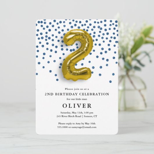 2回目のバースデー王室のタブルー紙吹雪と金ゴールドバルーン 招待状 (スタンド正面)