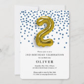 2回目のバースデー王室のタブルー紙吹雪と金ゴールドバルーン 招待状 (正面)