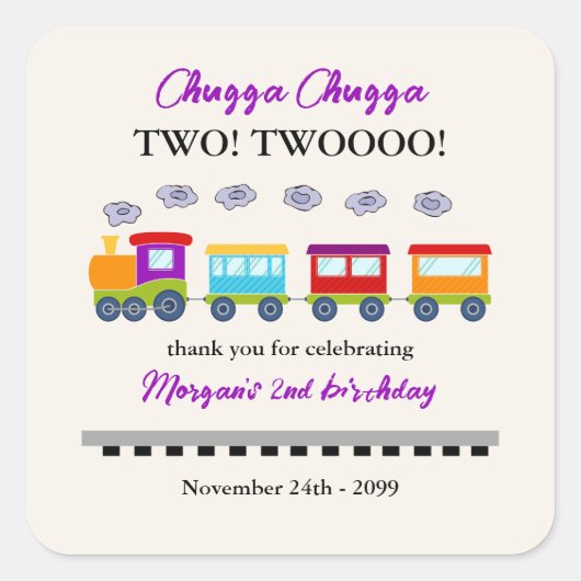 2回目の誕生日かわいいカラフル列車 スクエアシール (正面)