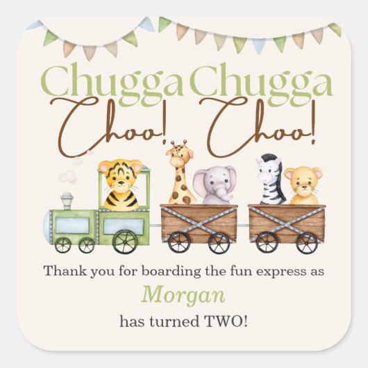 2回目の誕生日かわいいチャガ水彩動物列車 スクエアシール (正面)