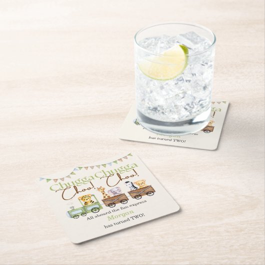 2回目の誕生日かわいいチャガ水彩動物列車 スクエアペーパーコースター (インサイチュ)