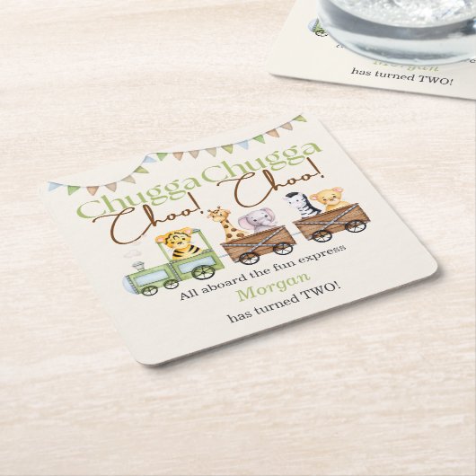 2回目の誕生日かわいいチャガ水彩動物列車 スクエアペーパーコースター (アングル)