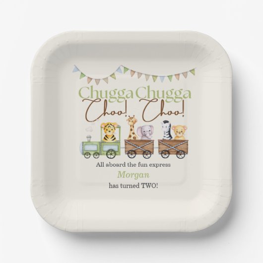 2回目の誕生日かわいいチャガ水彩動物列車 ペーパープレート (正面)