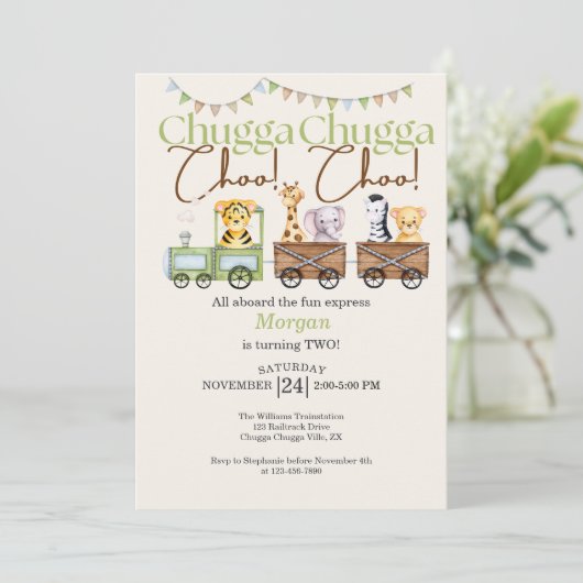2回目の誕生日かわいいチャガ水彩動物列車 招待状 (スタンド正面)