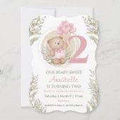 2回目の誕生日かわいいテディベアハートバルーズピンク 招待状 (正面)