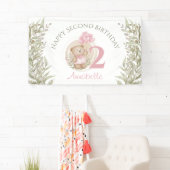 2回目の誕生日かわいいテディベア緑のピンクのバナー 横断幕 (インサイチュ)