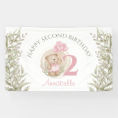 2回目の誕生日かわいいテディベア緑のピンクのバナー 横断幕 (横)