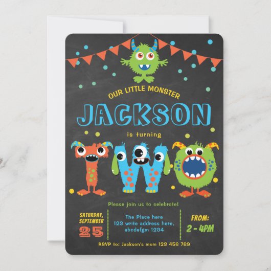 2回目の誕生日かわいい小さなモンスターパーティーの黒板 招待状 (正面)