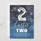 2回目の誕生日のシルバーバルーン |青いパーティー 招待状 (正面)