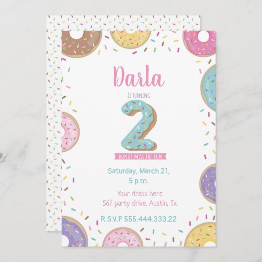 2回目の誕生日の招待、スイートドーナツの招待 招待状 (正面/裏面)