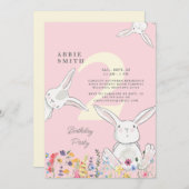 2回目の誕生日の花房とワイルドフラワーピンク&イエロー 招待状 (正面/裏面)