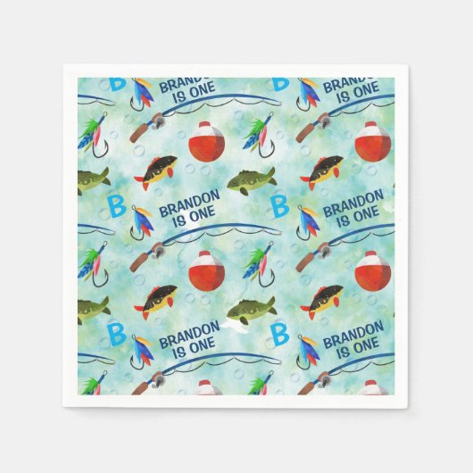 2回目の誕生日のO-Fish関連の魚釣りをテーマにしたパーティー スタンダードカクテルナプキン (正面)