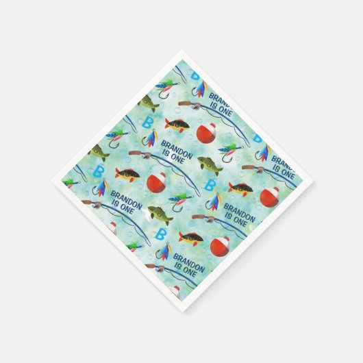 2回目の誕生日のO-Fish関連の魚釣りをテーマにしたパーティー スタンダードカクテルナプキン (角)