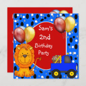 2回目の誕生日スポットライオントラックカップケーキバルーン 招待状 (正面/裏面)
