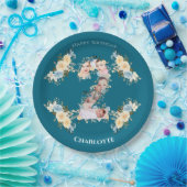 2回目の誕生日ティール(緑がかった色)フォトコラージブルーイエローフラワー ペーパープレート (パーティー)