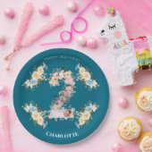 2回目の誕生日ティール(緑がかった色)フォトコラージブルーイエローフラワー ペーパープレート (パーティー)