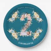 2回目の誕生日ティール(緑がかった色)フォトコラージブルーイエローフラワー ペーパープレート (正面)