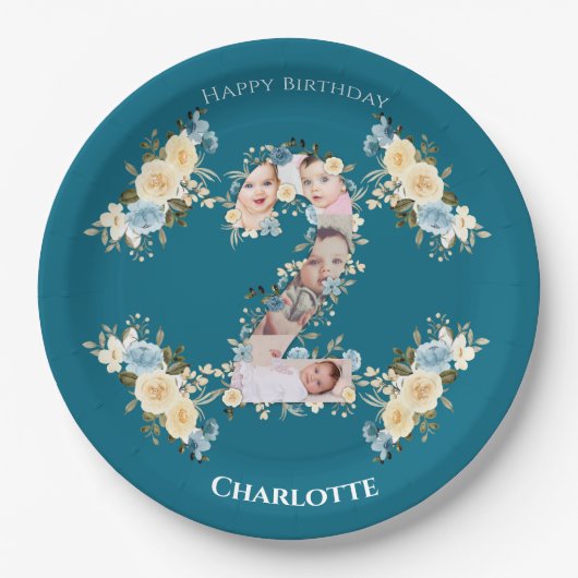 2回目の誕生日ティール(緑がかった色)フォトコラージブルーイエローフラワー ペーパープレート (正面)