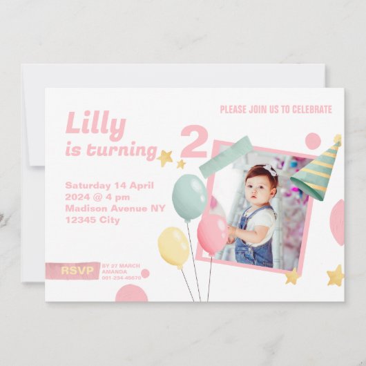 2回目の誕生日パーティーかわいいフォトバルーン招待状 招待状 (正面)