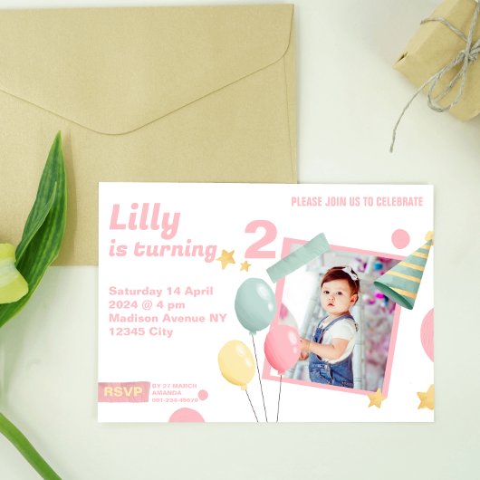 2回目の誕生日パーティーかわいいフォトバルーン招待状 招待状