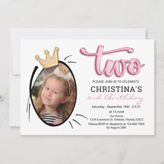 2回目の誕生日パーティーかわいいモダンプリンセス写真 招待状 (正面)