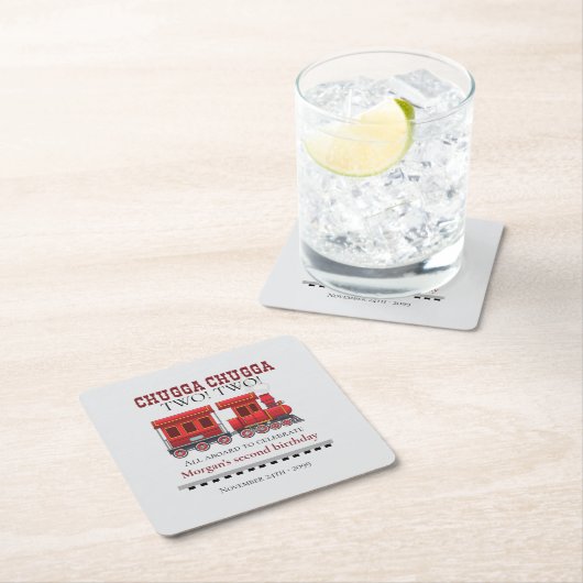 2回目の誕生日パーティーかわいい赤い西部電車 スクエアペーパーコースター (インサイチュ)