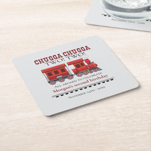 2回目の誕生日パーティーかわいい赤い西部電車 スクエアペーパーコースター (アングル)