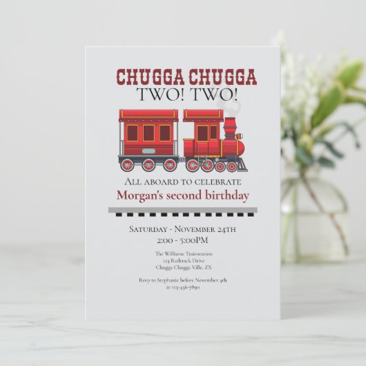 2回目の誕生日パーティーかわいい赤い西部電車 招待状 (スタンド正面)