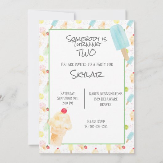 2回目の誕生日パーティーアイスクリームとポップス 招待状 (正面)