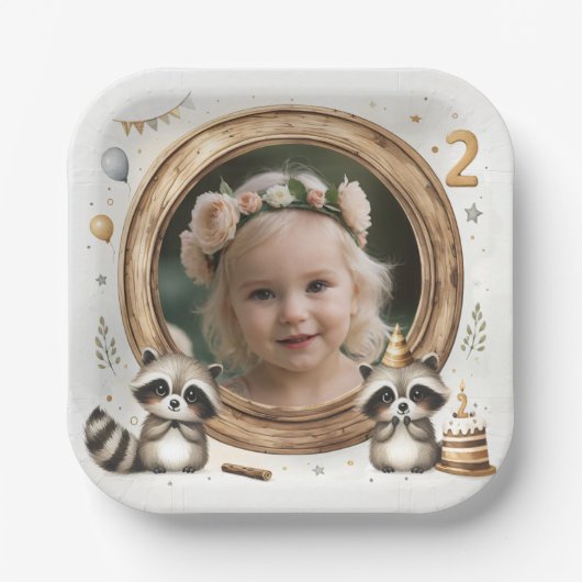 2回目の誕生日パーティー用Raccoonフォトフレーム ペーパープレート (正面)