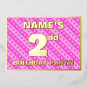 2回目の誕生日パーティー—おもしろいピンクのハートとストライプ 箔招待状 (正面)