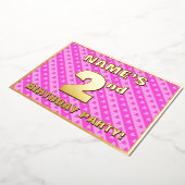 2回目の誕生日パーティー—おもしろいピンクのハートとストライプ 箔招待状 (回転した状態)
