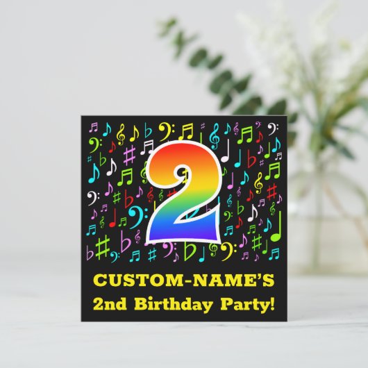 2回目の誕生日パーティー:おもしろいミュージックシンボル、虹2 招待状 (スタンド正面)