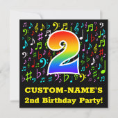 2回目の誕生日パーティー:おもしろいミュージックシンボル、虹2 招待状 (正面)