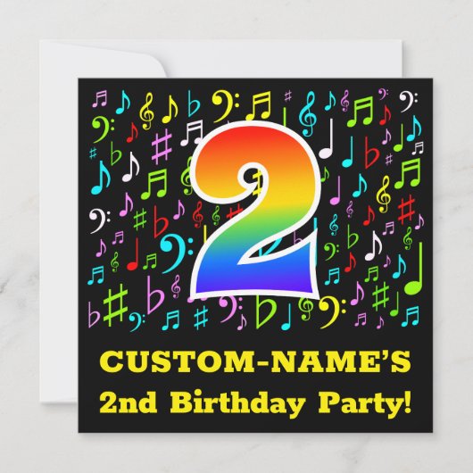 2回目の誕生日パーティー:おもしろいミュージックシンボル、虹2 招待状 (正面)
