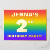 2回目の誕生日パーティー:おもしろい、レインボーカラフルパターン 箔招待状 (正面)