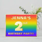 2回目の誕生日パーティー:おもしろい、レインボーカラフルパターン 箔招待状 (立ち正面)