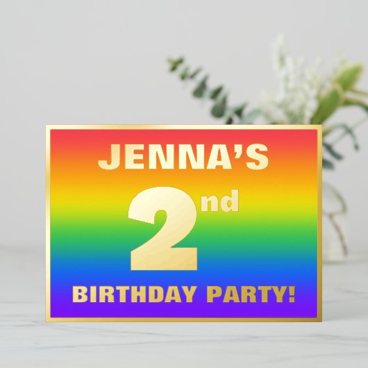 2回目の誕生日パーティー:おもしろい、レインボーカラフルパターン 箔招待状 (立ち正面)