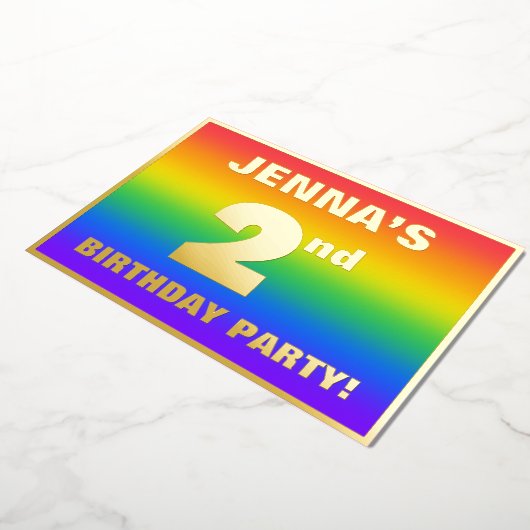 2回目の誕生日パーティー:おもしろい、レインボーカラフルパターン 箔招待状 (回転した状態)